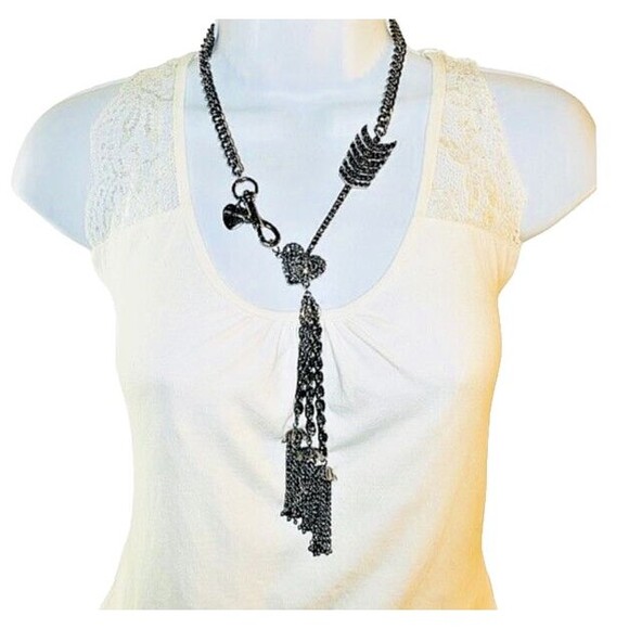 Betsey Johnson Icy Crystal Heart Cupid Arrow Long Chain Necklace 20" Layered - Picture 1 of 11